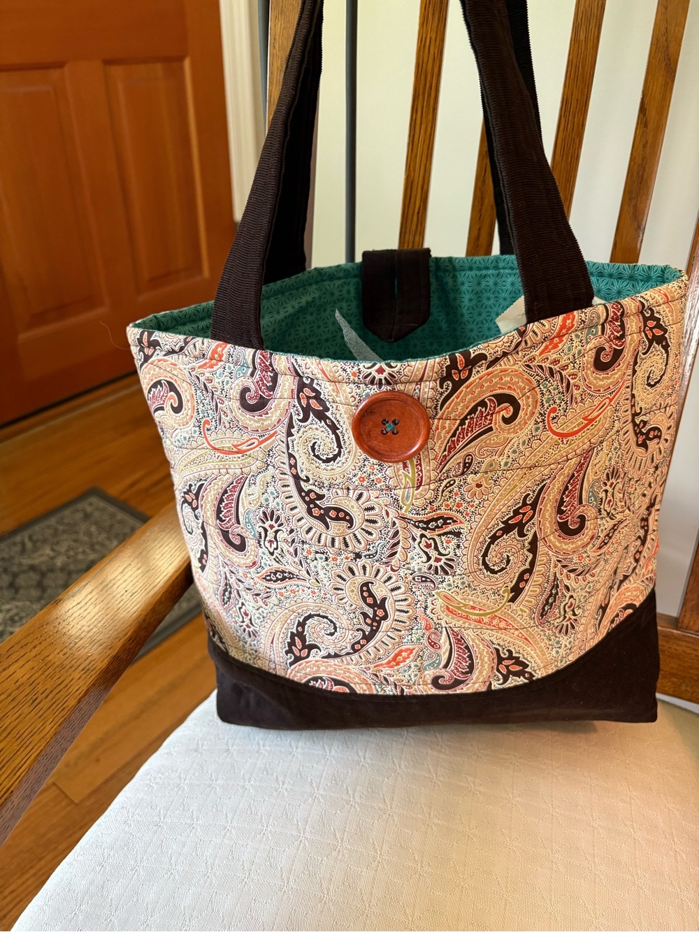 Quilted Paisley Tote Bag in Brown and Green